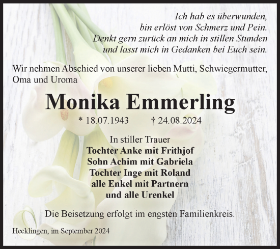 Traueranzeige von Monika Emmerling von Volksstimme Staßfurt