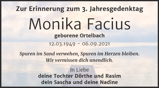 Traueranzeige von Monika Facius von Trauerkombi Wittenberg