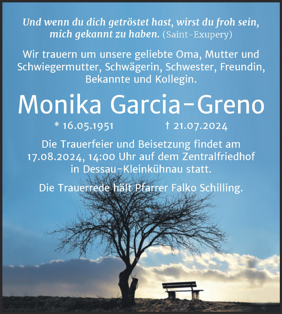  Traueranzeige für Monika Garcia-Greno vom 03.08.2024 aus Trauerkombi Dessau