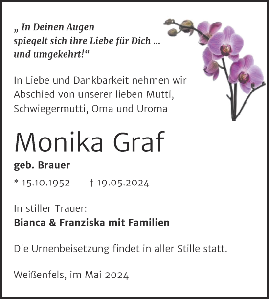 Traueranzeige von Monika Graf von Trauerkombi Weißenfels