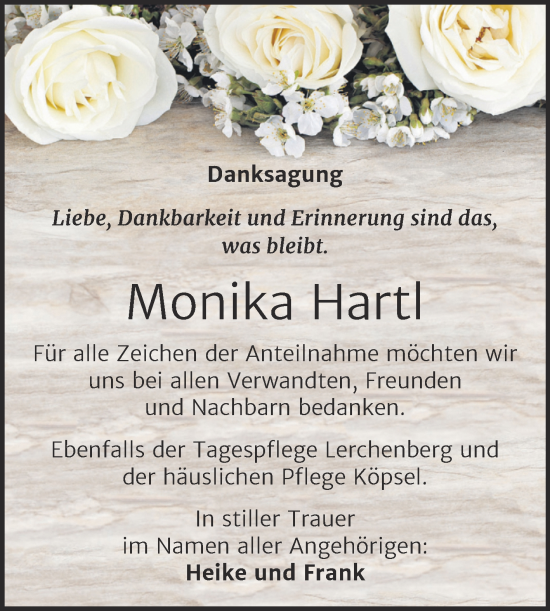 Traueranzeige von Monika Hartl von Trauerkombi Wittenberg