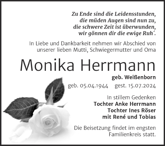 Traueranzeige von Monika Herrmann von Trauerkombi Mansfelder Land