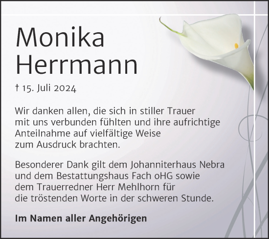 Traueranzeige von Monika Herrmann von Trauerkombi Mansfelder Land