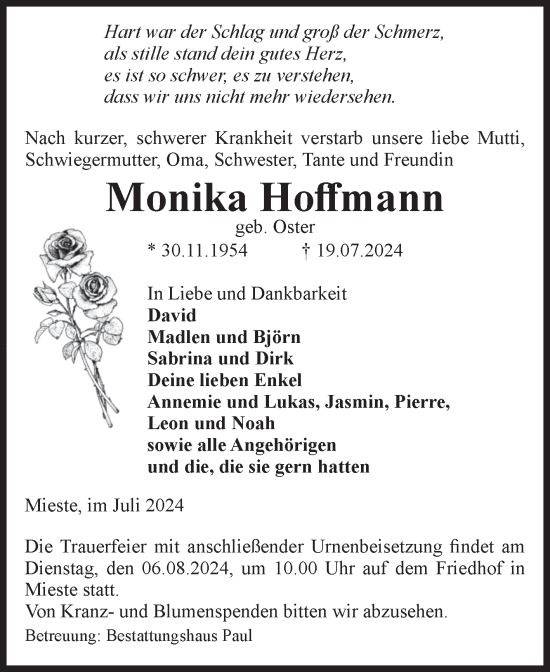 Traueranzeige von Monika  Hoffmann von Volksstimme Altmark West