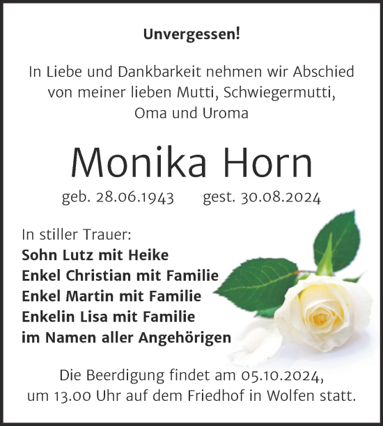 Traueranzeige von Monika Horn von Trauerkombi Bitterfeld