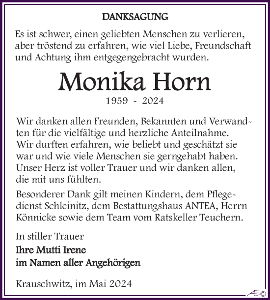 Traueranzeige von Monika Horn von Trauerkombi Weißenfels