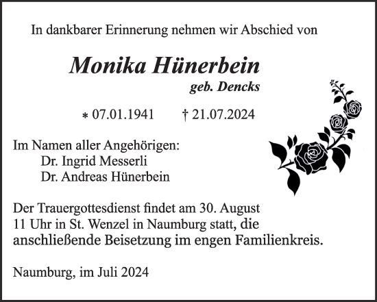 Traueranzeige von Monika Hünerbein von Naumburger Tageblatt