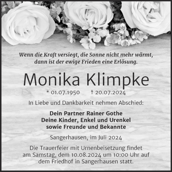 Traueranzeige von Monika Klimpke von Trauerkombi Sangerhausen