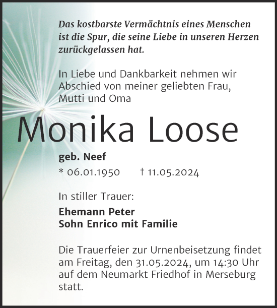 Traueranzeige von Monika Loose von Trauerkombi Merseburg