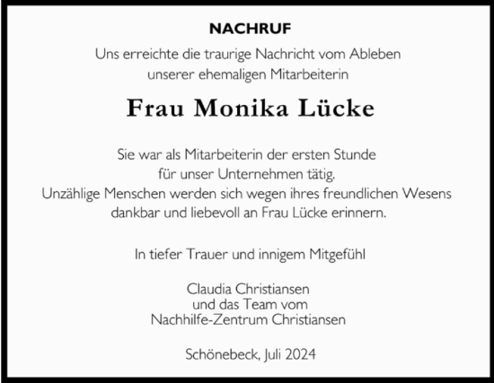 Traueranzeige von Monika Lücke von Volksstimme Schönebeck