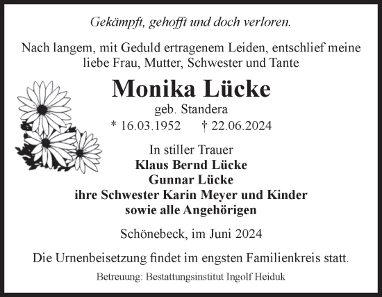 Traueranzeige von Monika Lücke von Volksstimme Schönebeck