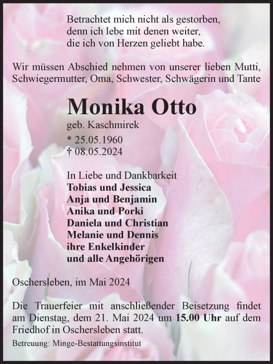 Traueranzeige von Monika Otto von Volksstimme Oschersleben/Wanzleben