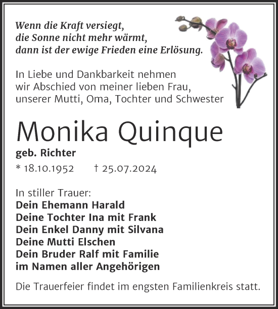 Traueranzeige von Monika Quinque von Trauerkombi Bitterfeld