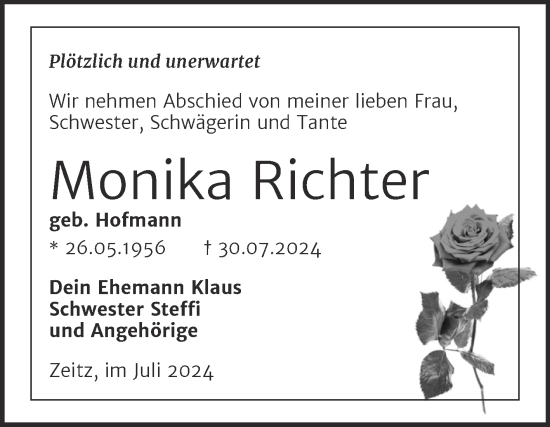 Traueranzeige von Monika Richter von Super Sonntag Zeitz