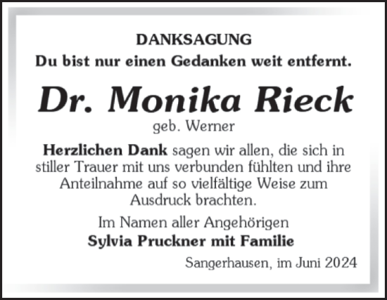 Traueranzeige von Monika Rieck von Trauerkombi Sangerhausen