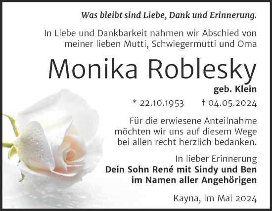 Traueranzeige von Monika Roblesky von Trauerkombi Zeitz