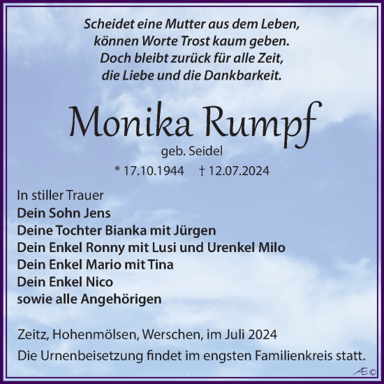 Traueranzeige von Monika Rumpf von Trauerkombi Weißenfels