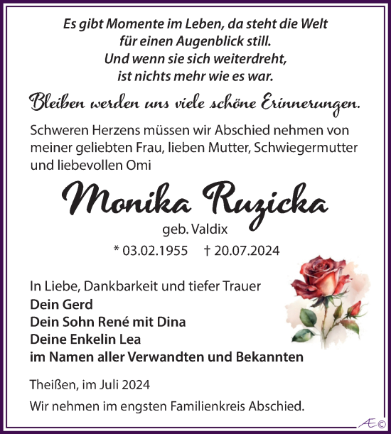 Traueranzeige von Monika Ruzicka von Trauerkombi Zeitz