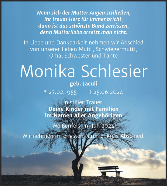 Traueranzeige von Monika Schlesier von Trauerkombi Weißenfels