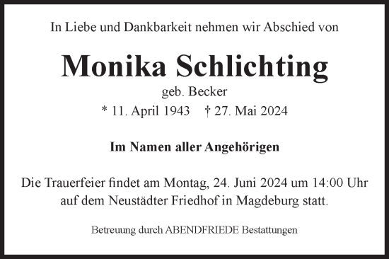 Traueranzeige von Monika Schlichting von Volksstimme Magdeburg