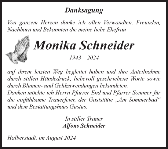 Traueranzeige von Monika Schneider von Volksstimme Halberstadt