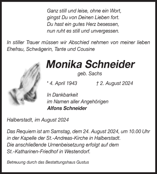 Traueranzeige von Monika Schneider von Volksstimme Halberstadt