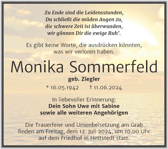 Traueranzeige von Monika Sommerfeld von Trauerkombi Mansfelder Land