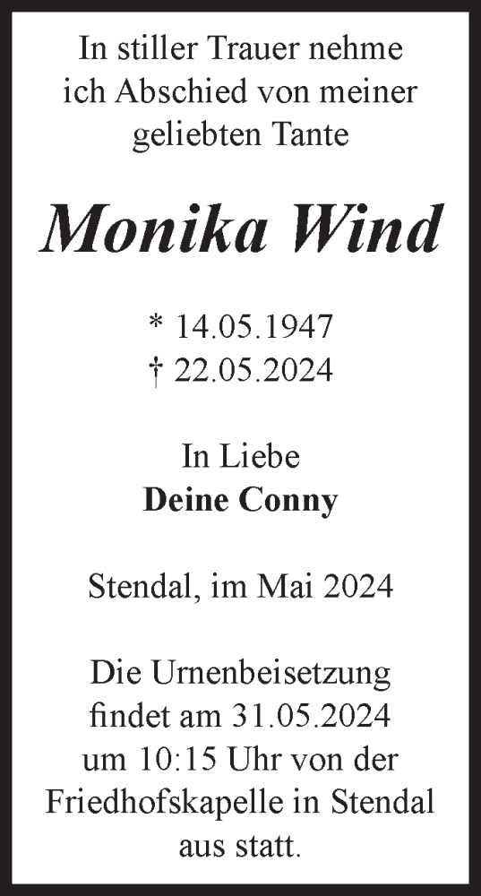 Traueranzeige von Monika Wind von Volksstimme Altmark Ost
