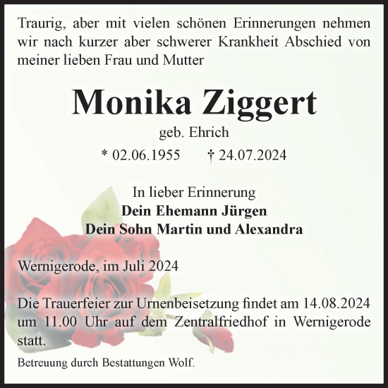Traueranzeige von Monika Ziggert von Volksstimme Wernigerode