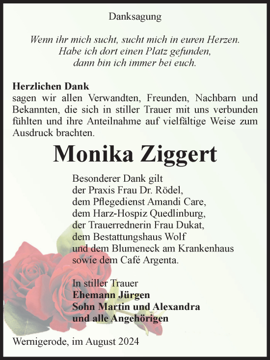 Traueranzeige von Monika Ziggert von Mitteldeutsche Zeitung Quedlingburg