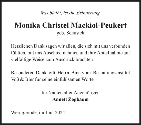 Traueranzeige von Monika Christel Mackiol-Peukert von Volksstimme Wernigerode