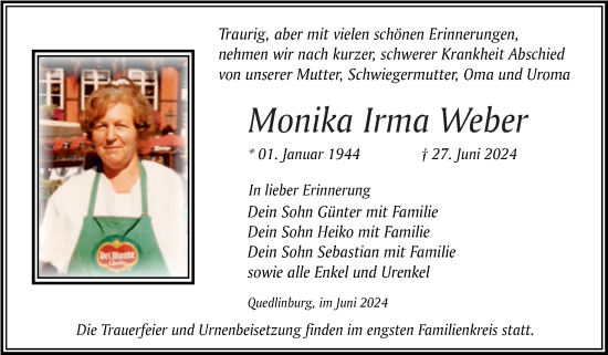 Traueranzeige von Monika Irma Weber von Trauerkombi Quedlinburg