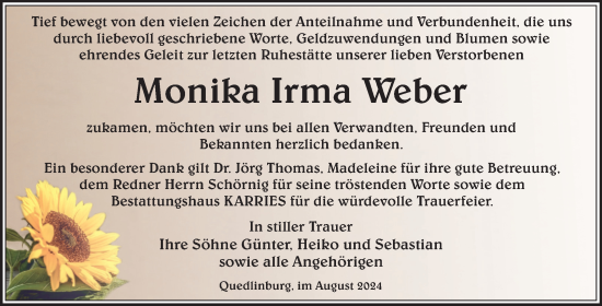 Traueranzeige von Monika Irma Weber von Trauerkombi Quedlinburg