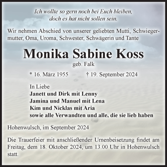 Traueranzeige von Monika Sabine Koss von Volksstimme Altmark Ost
