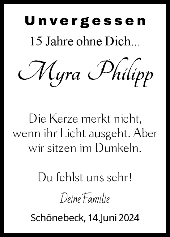 Traueranzeige von Myra Philipp von Volksstimme Schönebeck