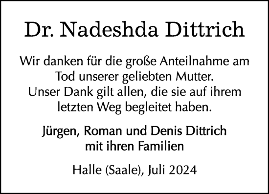 Traueranzeige von Nadeshda Dittrich von Mitteldeutsche Zeitung Halle/Saalkreis