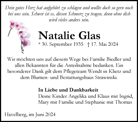 Traueranzeige von Natalie Glas von Volksstimme Altmark Ost