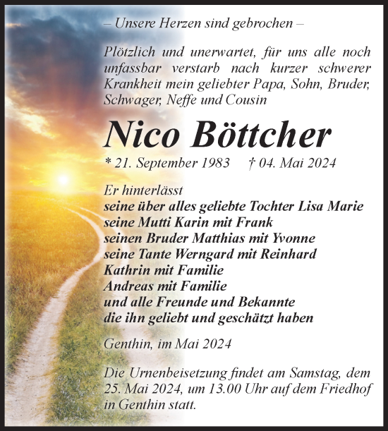 Traueranzeige von Nico Böttcher von Volksstimme Burg/Genthin