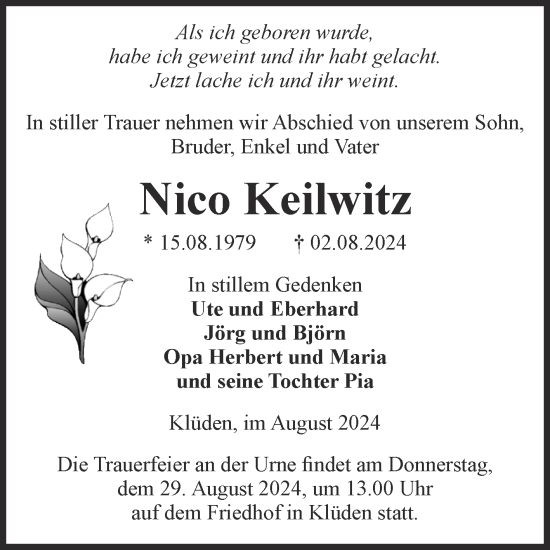 Traueranzeige von Nico Keilwitz von Volksstimme Haldensleben/Wolmirstedt