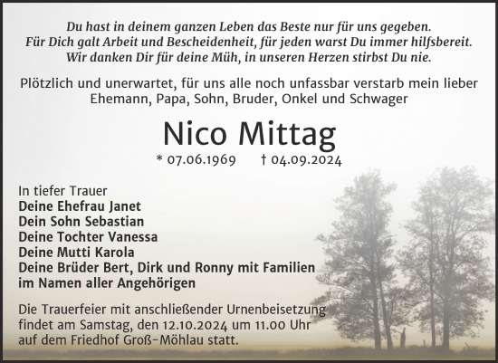Traueranzeige von Nico Mittag von Trauerkombi Bitterfeld