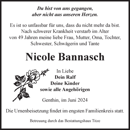 Traueranzeige von Nicole Bannasch von Volksstimme Burg/Genthin