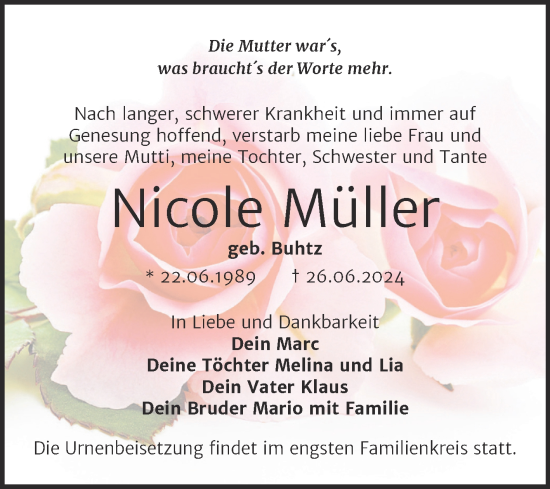 Traueranzeige von Nicole Müller von Volksstimme Altmark Ost