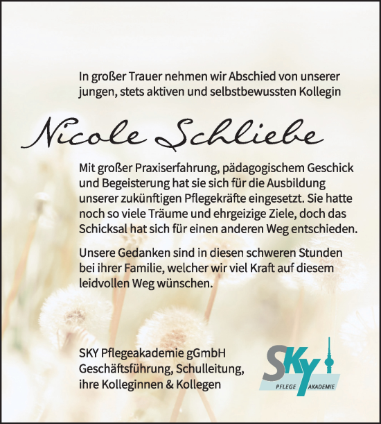 Traueranzeige von Nicole Schliebe von Super Sonntag Sangerhausen