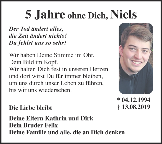 Traueranzeige von Niels Meißner von Trauerkombi Wittenberg