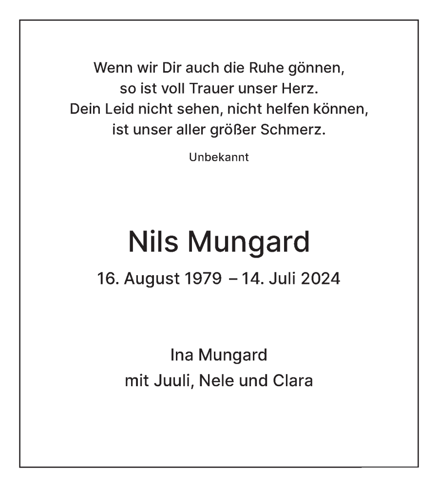  Traueranzeige für Nils Mungard vom 03.08.2024 aus Mitteldeutsche Zeitung Halle/Saalkreis