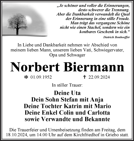 Traueranzeige von Norbert Biermann von Trauerkombi Wittenberg