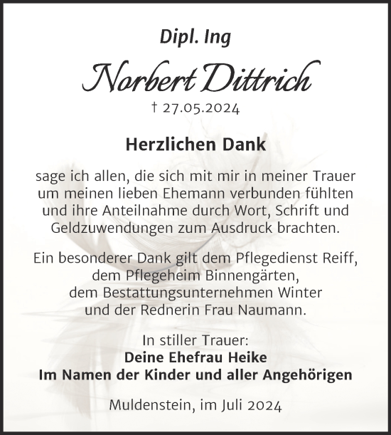 Traueranzeige von Norbert Dittrich von Trauerkombi Bitterfeld