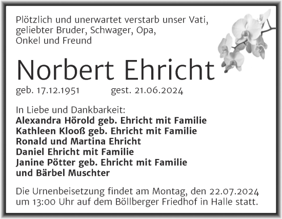 Traueranzeige von Norbert Ehricht von Mitteldeutsche Zeitung Halle/Saalkreis