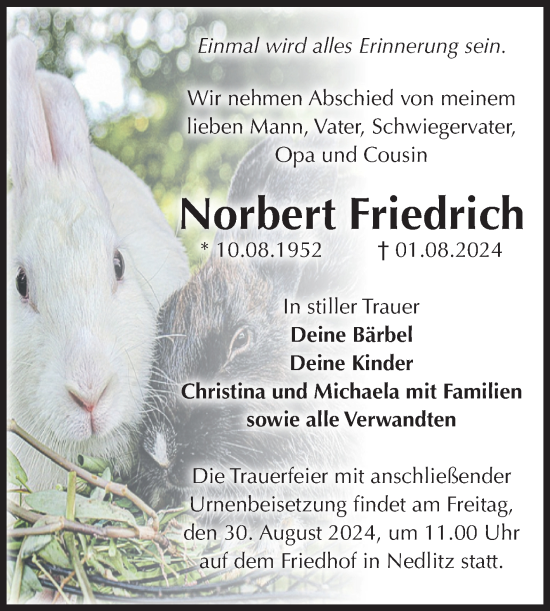 Traueranzeige von Norbert Friedrich von Volksstimme Zerbst