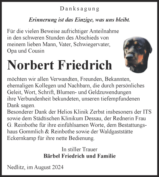 Traueranzeige von Norbert Friedrich von Volksstimme Zerbst